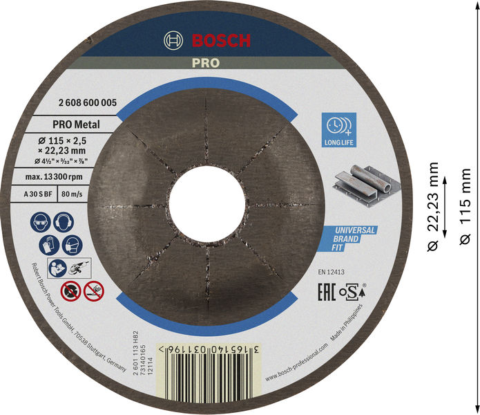 BOSCH PRO Metal Trennscheibe, 115 x 2,5 x 22,23 mm, gekröpft, oSa