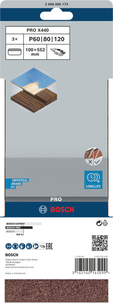 BOSCH PRO X440 Schleifband, 100 x 552 mm, G60, G80, G100, 3-tlg. BOSCH PRO X440 Schleifband, 100 x 552 mm, G60, G80, G100, 3-tlg.