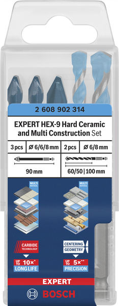 BOSCH EXPERT HEX-9 Hard Ceramic und HEX-9 Multi Construction Bohrer-Set, 6/8 mm, 5tlg.
