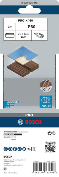 BOSCH PRO X440 Schleifband, 75 x 480 mm, G60, 3-tlg.
