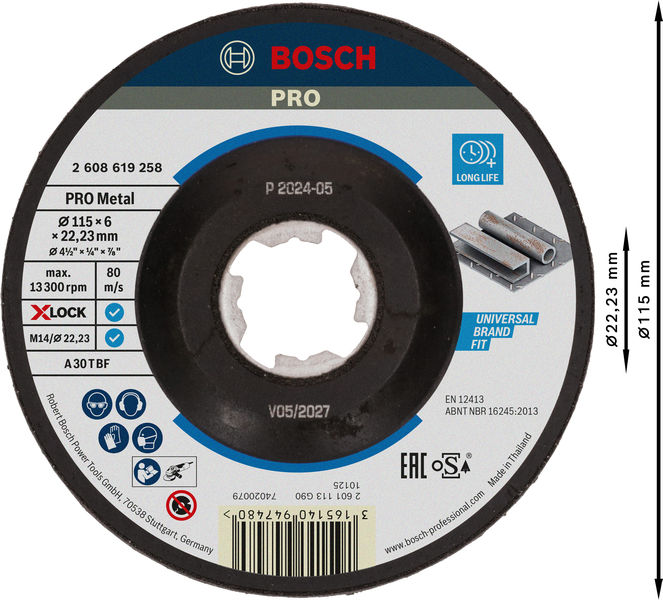 BOSCH PRO Metal X-Lock Schleifscheibe, 115 x 6 x 22.23 mm, oSa