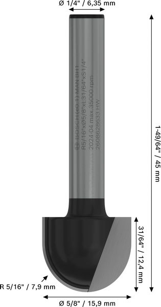 BOSCH PRO Hohlkehlfräser, R 5/16", Schaft 1/4" BOSCH PRO Hohlkehlfräser, R 5/16", Schaft 1/4"