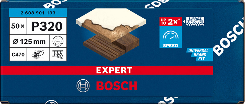 BOSCH EXPERT C470 Schleifscheibe, 125mm, K320, Multilochung, 50-tlg. BOSCH EXPERT C470 Schleifscheibe, 125mm, K320, Multilochung, 50-tlg.