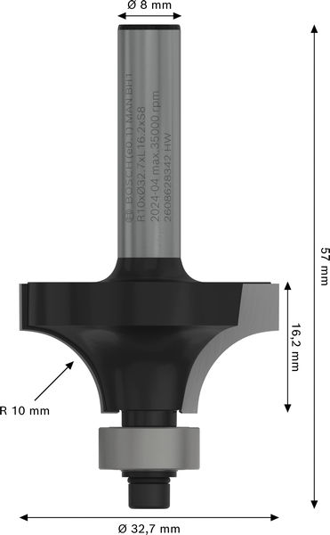 BOSCH PRO Abrundfräser, R 10, Schaft 8 mm