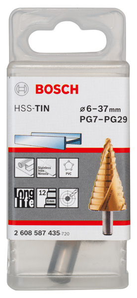 BOSCH Stufenbohrer HSS-TiN, für Kabelverschraubung, 6 - 37 mm, 10 mm, 93 mm, 12 Stufen BOSCH Stufenbohrer HSS-TiN, für Kabelverschraubung, 6 - 37 mm, 10 mm, 93 mm, 12 Stufen