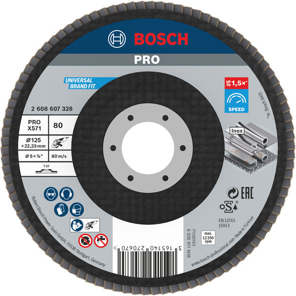 BOSCH PRO X571 Fächerschleifscheibe, gerade, 125 mm, K80 BOSCH PRO X571 Fächerschleifscheibe, gerade, 125 mm, K80