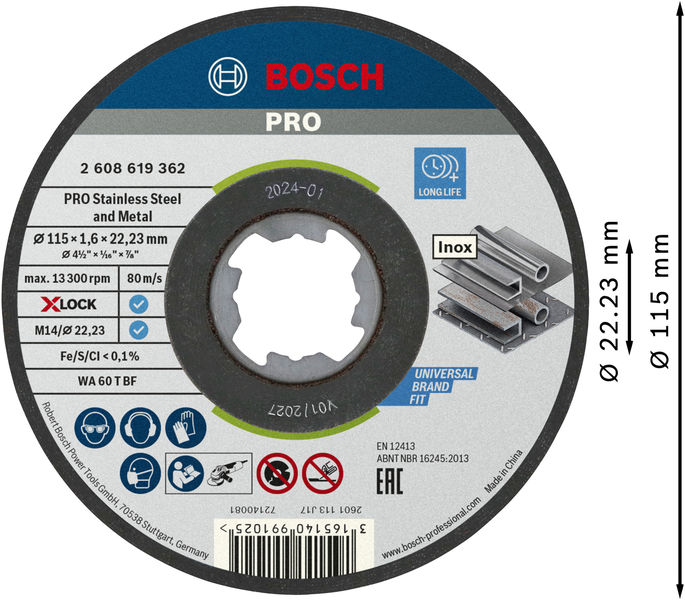 BOSCH PRO Stainless Steel and Metal X-Lock Trennscheibe, 115 x 1.6 x 22.23 mm, gerade BOSCH PRO Stainless Steel and Metal X-Lock Trennscheibe, 115 x 1.6 x 22.23 mm, gerade