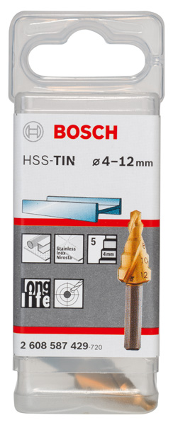 BOSCH Stufenbohrer HSS-TiN, 4 - 12 mm, 6 mm, 50 mm, 5 Stufen BOSCH Stufenbohrer HSS-TiN, 4 - 12 mm, 6 mm, 50 mm, 5 Stufen
