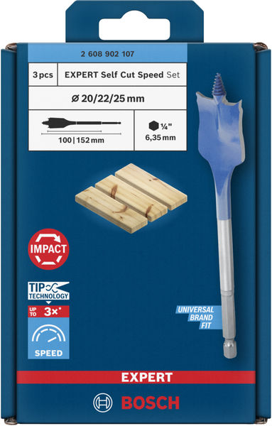 BOSCH EXPERT Self Cut Speed Flachfräsbohrer-Set, 20/22/25 mm, 3-tlg. BOSCH EXPERT Self Cut Speed Flachfräsbohrer-Set, 20/22/25 mm, 3-tlg.