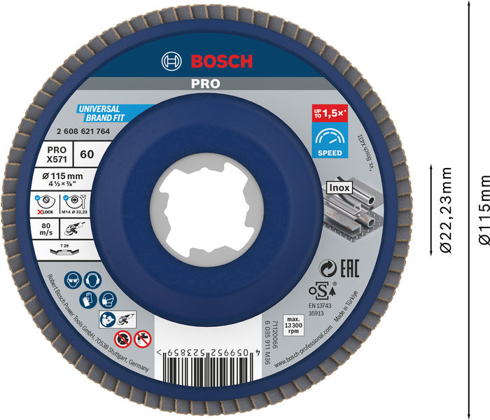 BOSCH PRO X571 Fächerschleifscheibe X-Lock, abgewinkelt, 115 mm, K60