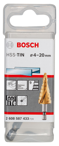 BOSCH Stufenbohrer HSS-TiN, 4 - 20 mm, 1/4-Zoll, 70,5 mm, 9 Stufen BOSCH Stufenbohrer HSS-TiN, 4 - 20 mm, 1/4-Zoll, 70,5 mm, 9 Stufen
