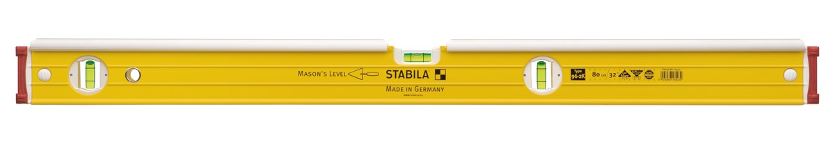STABILA Maurer-Wasserwaage Type 96-2 K, 81 cm, integrierter Klopfschutz, extrasteifes Alu-Profil, 1 Horizontal-/2 Vertikal-Libellen, stoßdämpfende Endkappen, Made in Germany