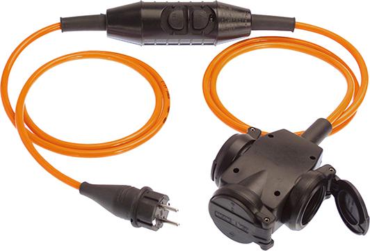 N.A. Verlängerung, PRCD-S, 3m Kabel H07BQ-F3G2,5 orangeIP 44, 3-Wege-Kupplung mit Schutzkappen N.A. Verlängerung, PRCD-S, 3m Kabel H07BQ-F3G2,5 orangeIP 44, 3-Wege-Kupplung mit Schutzkappen