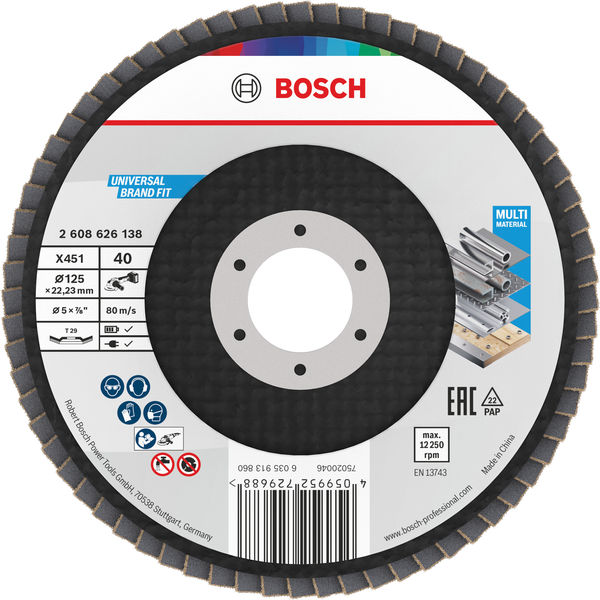BOSCH X451 Fächerschleifscheibe, 125 x 22,23 mm, K40, Z29, 15-tlg BOSCH X451 Fächerschleifscheibe, 125 x 22,23 mm, K40, Z29, 15-tlg