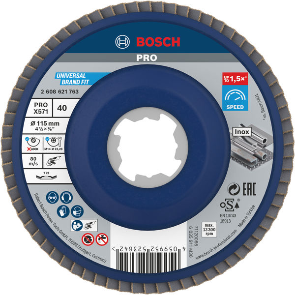 BOSCH PRO X571 Fächerschleifscheibe X-Lock, abgewinkelt, 115 mm, K40 BOSCH PRO X571 Fächerschleifscheibe X-Lock, abgewinkelt, 115 mm, K40