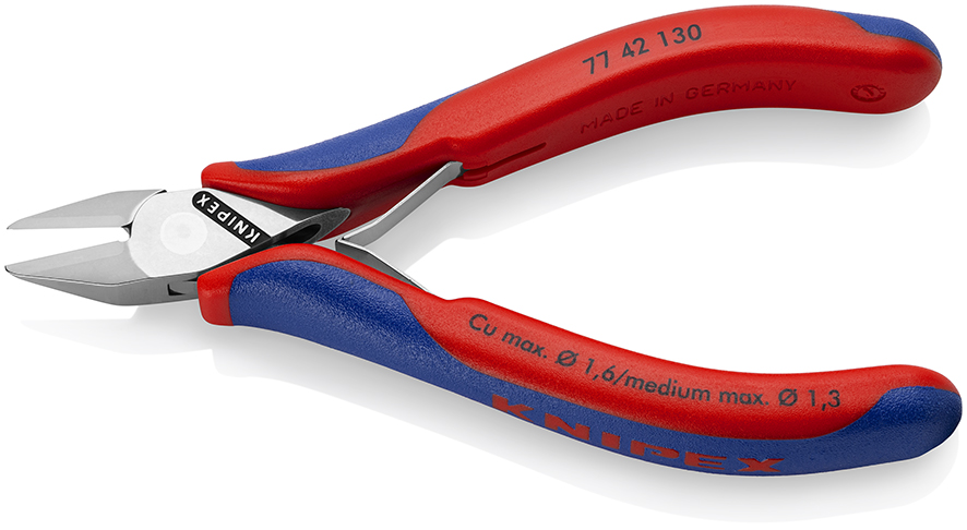 KNIPEX KNIPEX 77 42 130 Elektronik-Seitenschneider mit durchgestecktem Gelenk 130 mm mit Mehrkomponenten-Hüllen spiegelpoliert