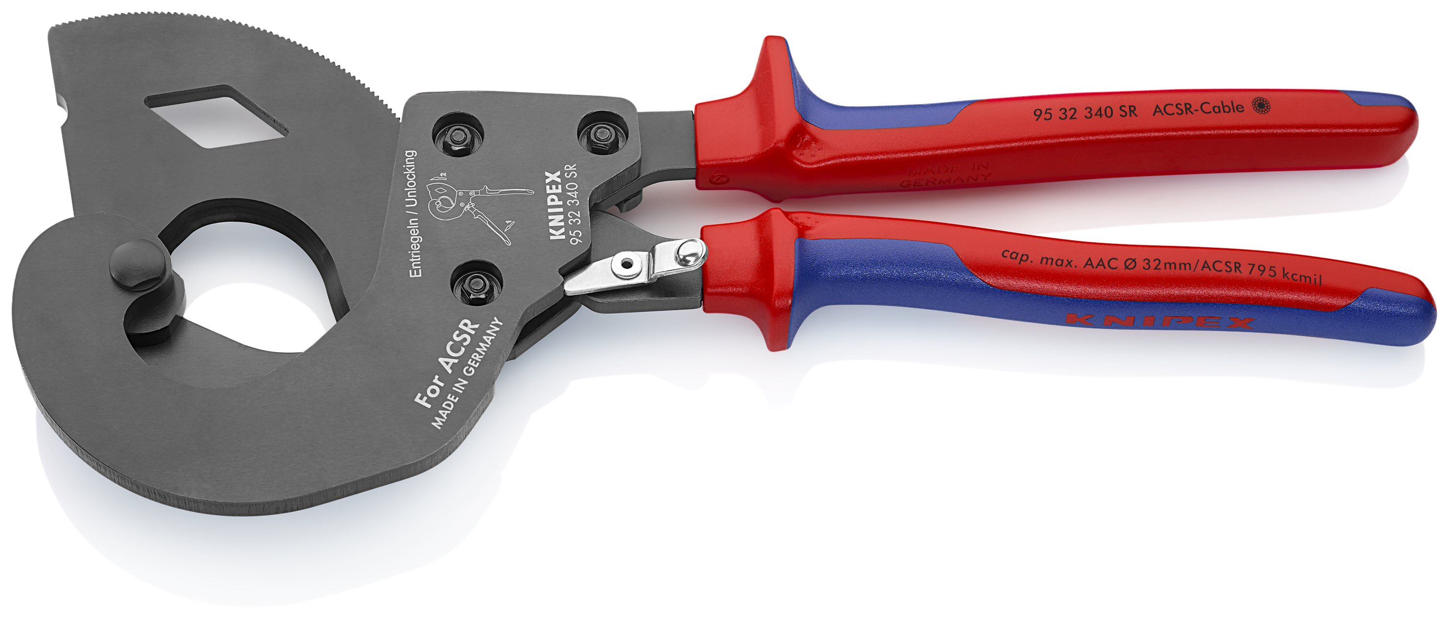 KNIPEX KNIPEX 95 32 340 SR ACSR Freileitungsschneider (Ratschenprinzip) für Freileitungsseile mit Stahlkern 340 mm brüniert mit Mehrkomponenten-Hüllen