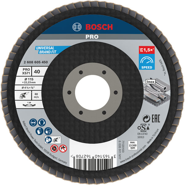 BOSCH PRO X571 Fächerschleifscheibe, abgewinkelt, 115 mm, K40 BOSCH PRO X571 Fächerschleifscheibe, abgewinkelt, 115 mm, K40
