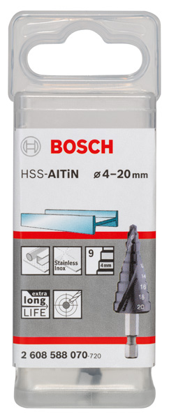 BOSCH Stufenbohrer HSS-AlTiN, 4 - 20 mm, 4 mm, 70,5 mm, 9 Stufen BOSCH Stufenbohrer HSS-AlTiN, 4 - 20 mm, 4 mm, 70,5 mm, 9 Stufen