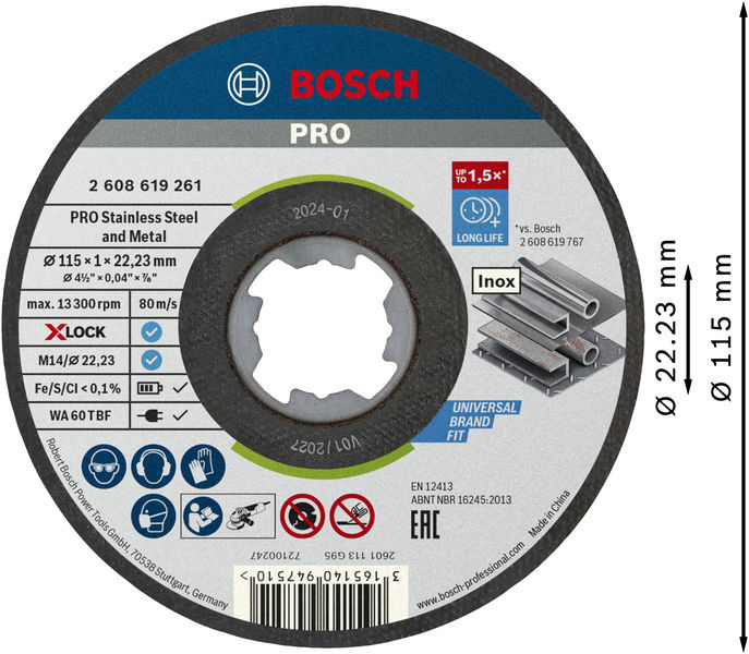 BOSCH PRO Stainless Steel and Metal X-Lock Trennscheibe, 115 x 1 x 22.23 mm, gerade
