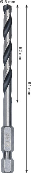 BOSCH Metal HSS Spiralbohrer, 5 x 52 x 91 mm, HEX 1/4“ Schaft