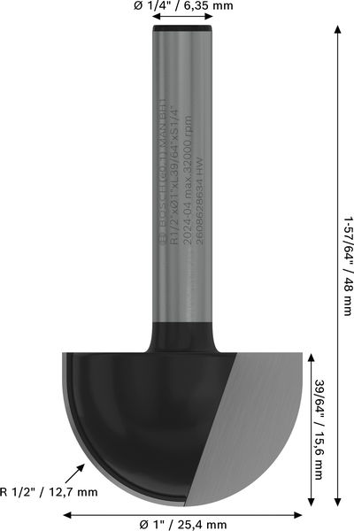BOSCH PRO Hohlkehlfräser, R 1/2", Schaft 1/4"