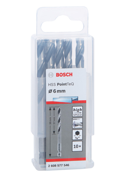 BOSCH HSS PointTeQ Sechskantbohrer 6,0 mm, 10er-Pack BOSCH HSS PointTeQ Sechskantbohrer 6,0 mm, 10er-Pack