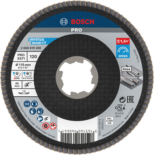 BOSCH PRO X571 Fächerschleifscheibe X-Lock, abgewinkelt, 115 mm, K120 BOSCH PRO X571 Fächerschleifscheibe X-Lock, abgewinkelt, 115 mm, K120