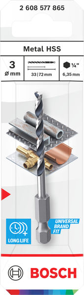 BOSCH Metal HSS Spiralbohrer, 3 x 33 x 72 mm, HEX 1/4“ Schaft BOSCH Metal HSS Spiralbohrer, 3 x 33 x 72 mm, HEX 1/4“ Schaft