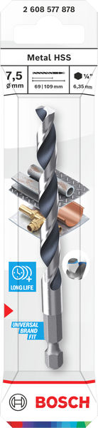 BOSCH Metal HSS Spiralbohrer, 7,5 x 69 x 109 mm, HEX 1/4“ Schaft