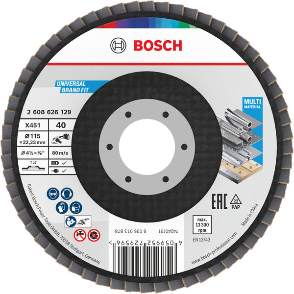 BOSCH X451 Fächerschleifscheibe, 115 x 22,23 mm, K40, Z27, 60-tlg