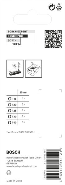 BOSCH PRO Torx Impact Bit Set, T15; T20(x2); T25(x2); T30(x2); T40, 25 mm, 8-tlg.