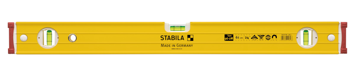 STABILA Magnet-Wasserwaage Type 96-2 M, 61 cm, extrasteifes Alu-Profil, extrastarke Seltenerd-Magnete, 1 Horizontal-/2 Vertikal-Libellen, stoßdämpfende Endkappen, Rutsch-Stopper, Made in Germany