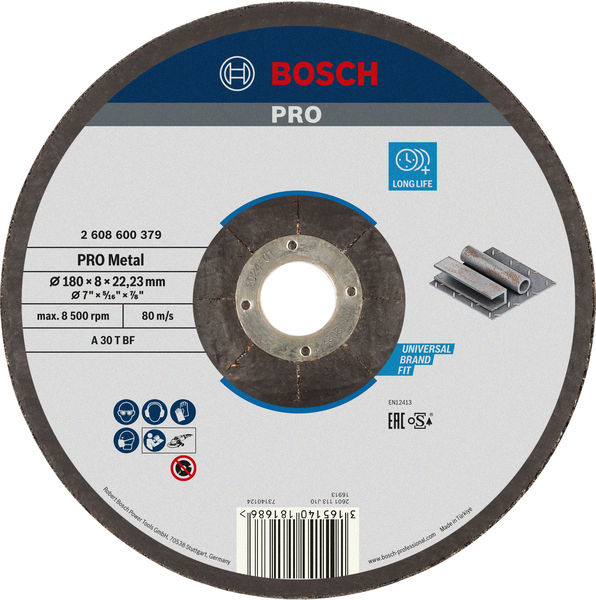 BOSCH PRO Metal Schleifscheibe, 180 x 8 x 22.23 mm, oSa