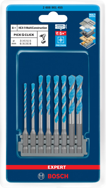 BOSCH EXPERT HEX-9 Multi Construction Pick & Click Set, 3-8 mm
