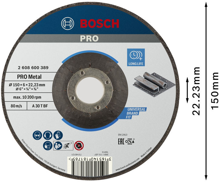 BOSCH PRO Metal Schleifscheibe, 150 x 6 x 22.23 mm, oSa
