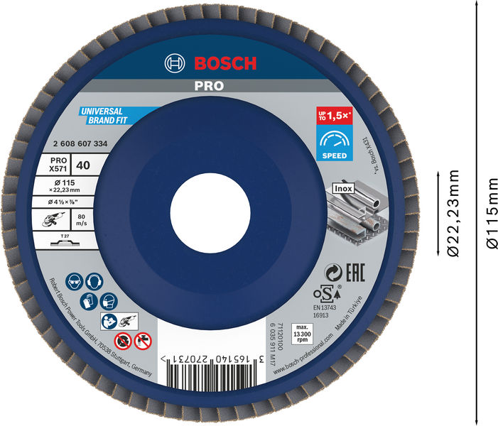BOSCH PRO X571 Fächerschleifscheibe, gerade, 115 mm, K40 BOSCH PRO X571 Fächerschleifscheibe, gerade, 115 mm, K40