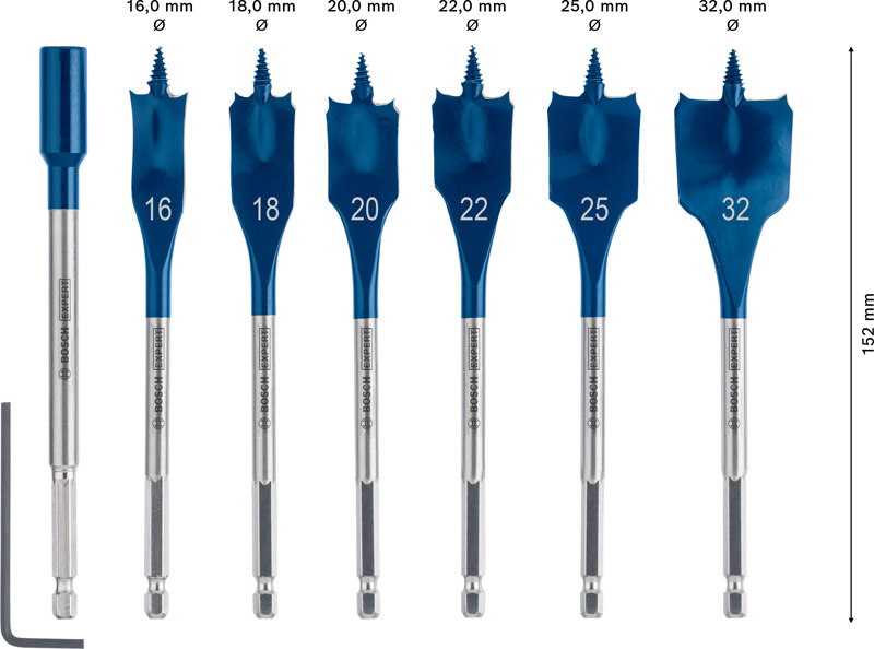 BOSCH EXPERT Self Cut Speed Flachfräsbohrer + Verlängerung Set, 16-32mm, 7-tlg.