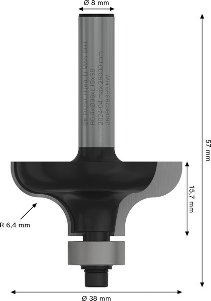 BOSCH PRO Profilfräser, R 6,4, Schaft 8 mm BOSCH PRO Profilfräser, R 6,4, Schaft 8 mm
