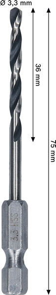 BOSCH Metal HSS Spiralbohrer, 3,3 x 36 x 75 mm, HEX 1/4“ Schaft BOSCH Metal HSS Spiralbohrer, 3,3 x 36 x 75 mm, HEX 1/4“ Schaft