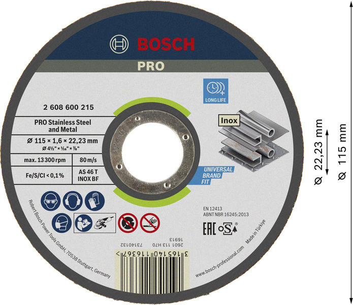 BOSCH PRO Stainless Steel and Metal Trennscheibe, 115 x 1,6 x 22,23 mm, gerade.