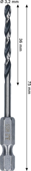 BOSCH Metal HSS Spiralbohrer, 3,2 x 36 x 75 mm, HEX 1/4“ Schaft