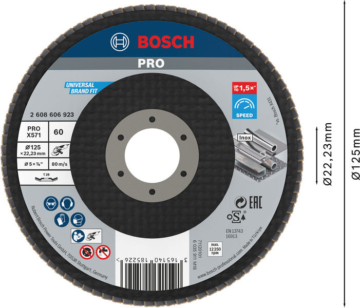 BOSCH PRO X571 Fächerschleifscheibe, abgewinkelt, 125 mm, K60 BOSCH PRO X571 Fächerschleifscheibe, abgewinkelt, 125 mm, K60