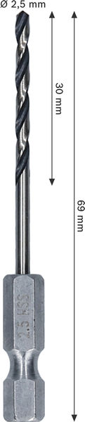 BOSCH Metal HSS Spiralbohrer, 2,5 x 30 x 69 mm, HEX 1/4“ Schaft